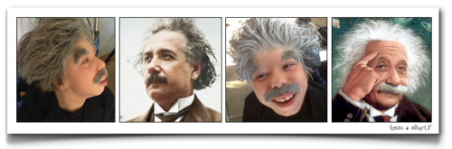 four images in row Mac in his albert einstein costume, then a young albert, Mac again and a caricature of Albert Einstein